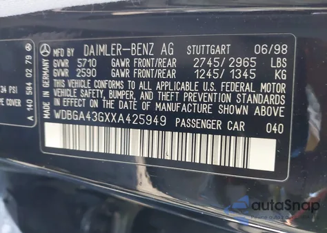 1999 Mercedes-Benz S 420 z USA, uszkodzony, nr VIN WDBGA43GXXA425949